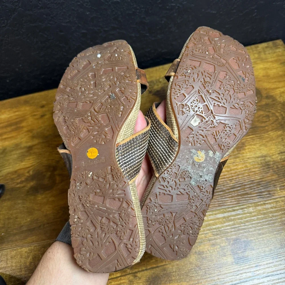 Timberland Leather Jute Wedge Brown Leather Slide Sandals Womens 8.5‎